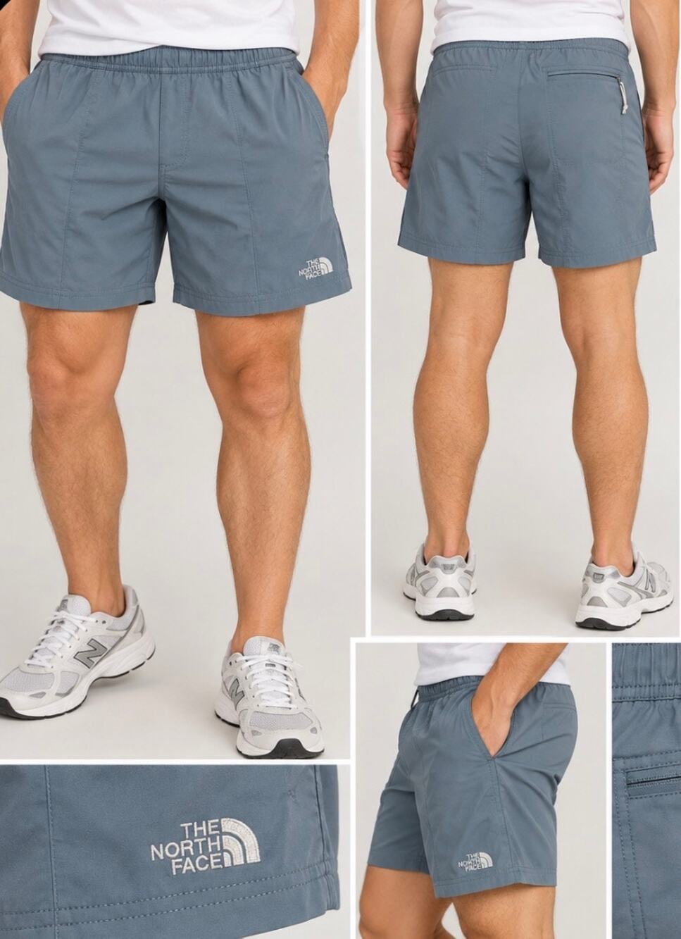 The North Face men’s lightweight performance shorts in a muted blue-gray color.